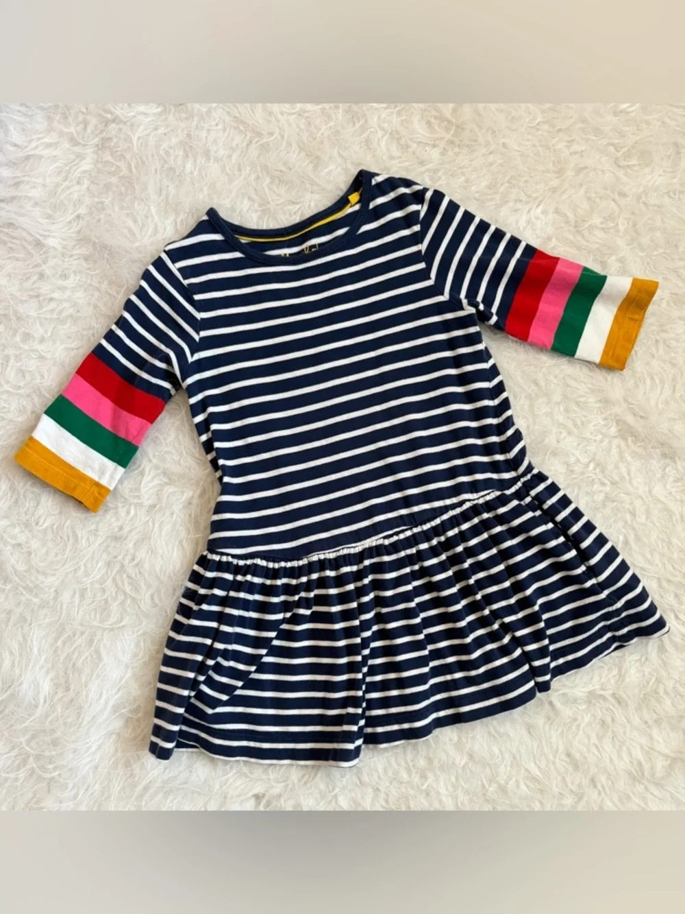 Mini Boden Navy & White Stripe Dress with Color-Block Rainbow 3/4 Sleeve Stripes